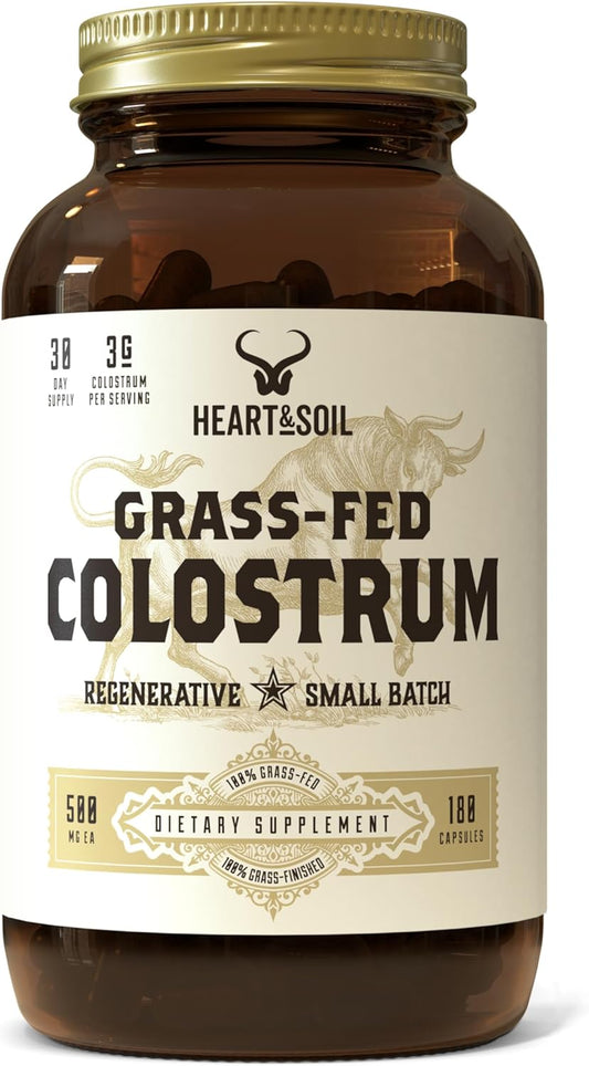 HEART & SOIL Bovine Colostrum \u2013 3000mg Grass Fed Colostrum Supplement for Gut, Immune Support & Muscle Recovery \u2013 Non-GMO, Allergen-Free \u2013 180 Capsules