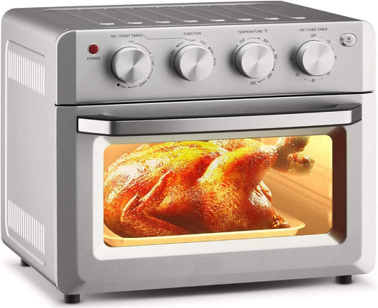 Rainfally 19QT 1550W Air Fryer Toaster Oven Combo, 7-in-1 Countertop Convection Oven w/Air Fry, Bake, Broil, Toast, Dehydrate, Pizza, Warm Function, Timer, Temperature Control, 5 Accessories (Silver)