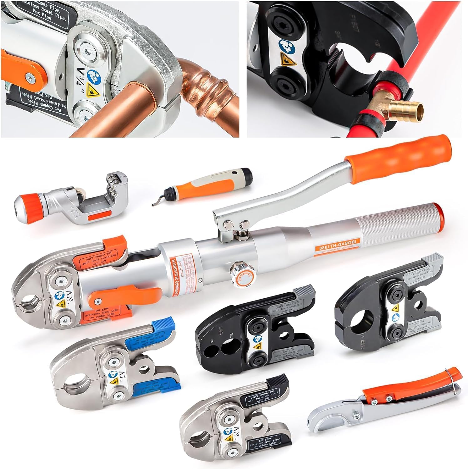 IBOSAD Copper Tube Fittings Hydraulic Pipe Crimping Tool with 1\/2",3\/4",1" Jaw for Copper Pipe and 1\/2"&3\/4",1" Jaw for ASTM F1807 Pex Pipe Copper Ring
