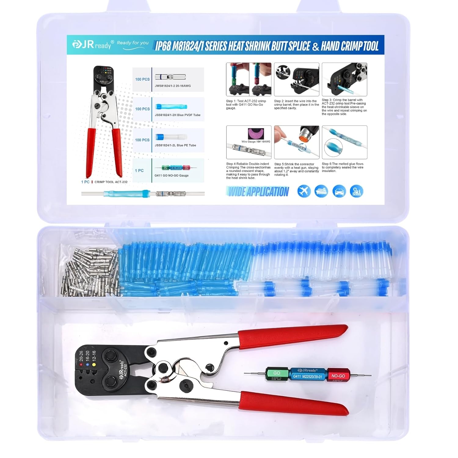 JRready M81824\/1 Series Waterproof Heat-Shrinkable Splice Kit 100 Sets 20-16AWG Environmental Butt Splice with PVDF Tubes with ACT-232 Crimp Tool G411 Go-No Go Gauge ST6488-16-100