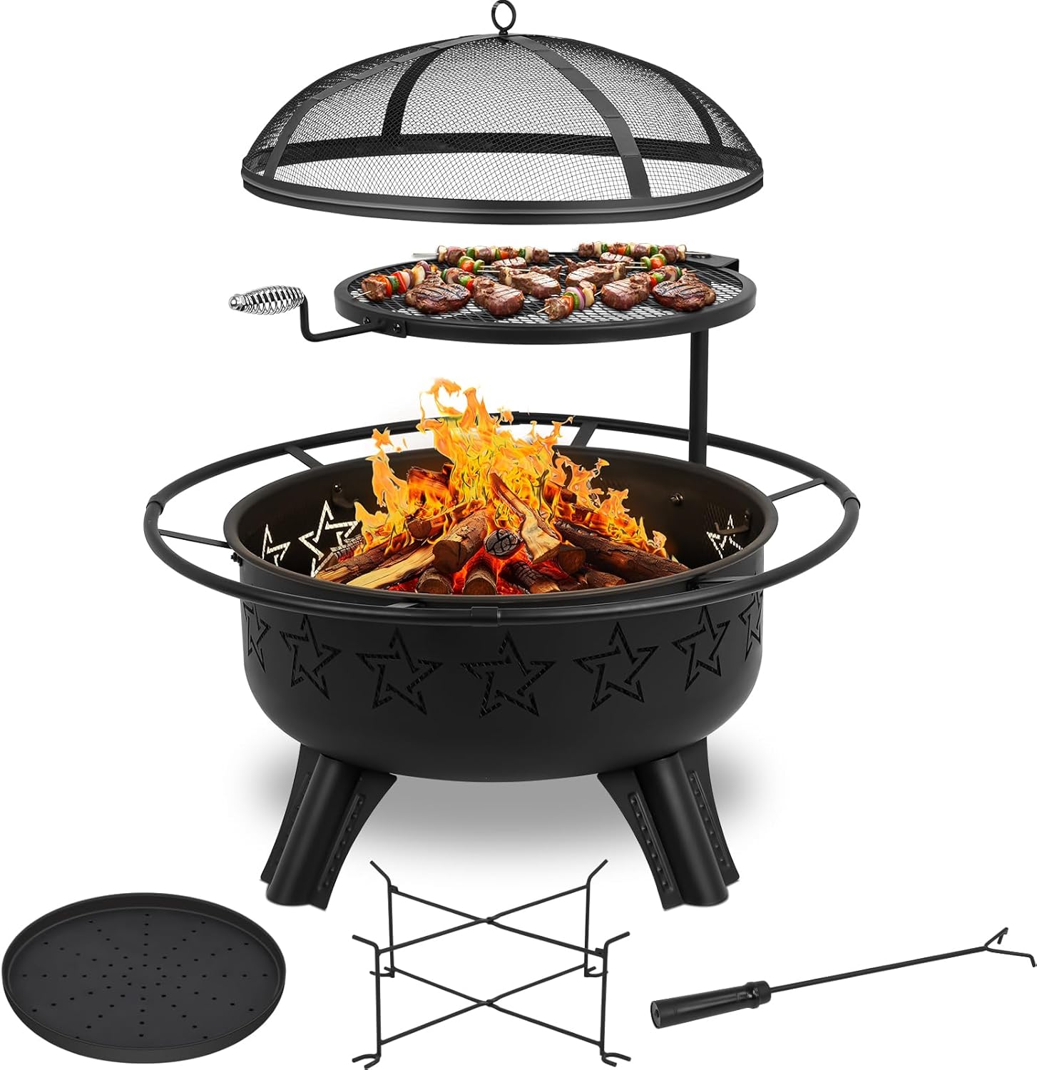 Gbekery 31" 2-in-1 Wood Burning Fire Pit with Swivel BBQ Grills & Spark Screen for Outside - Heavy Duty Outdoor Firepit with Charcoal Pan, Log Rack & Poker - for Backyard, Patio, Garden Bonfire