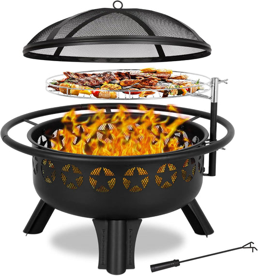 Hykolity 2 in 1 Fire Pit with Grill, Large 31" Wood Burning Fire Pit with Swivel Cooking Grate Outdoor Firepit for Backyard Bonfire Patio Outside Picnic BBQ, with Spark Cover, Fire Poker