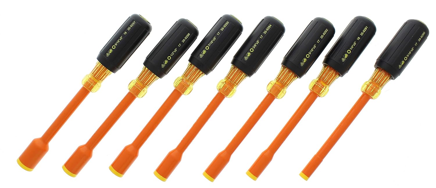 IDEAL Electrical 35-9104 Insulated Nut-Driver Set [7 Pieces] Orange, 4 in. Shaft Screwdrivers with Cushion-Grip Handles. Electrician Tool Kits