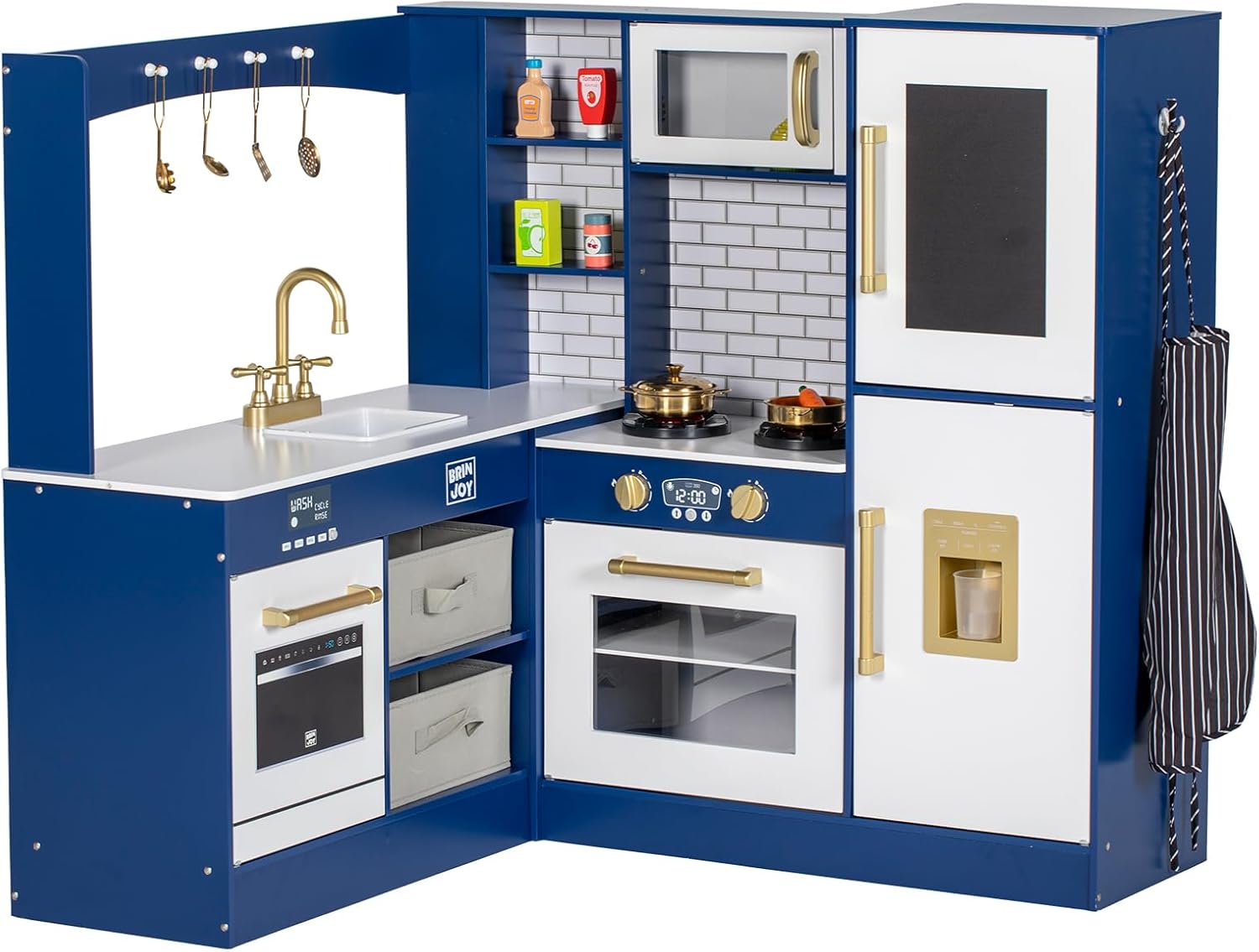 BRINJOY Corner Play Kitchen for Kids, Wooden Toddler Kitchen Playset w\/Faucet, Sink, Microwave, Oven, Apron, Blackboard, Cabinets, Pretend Cooking Toys w\/Sound & Light Gift for Ages 3+ (Blue)