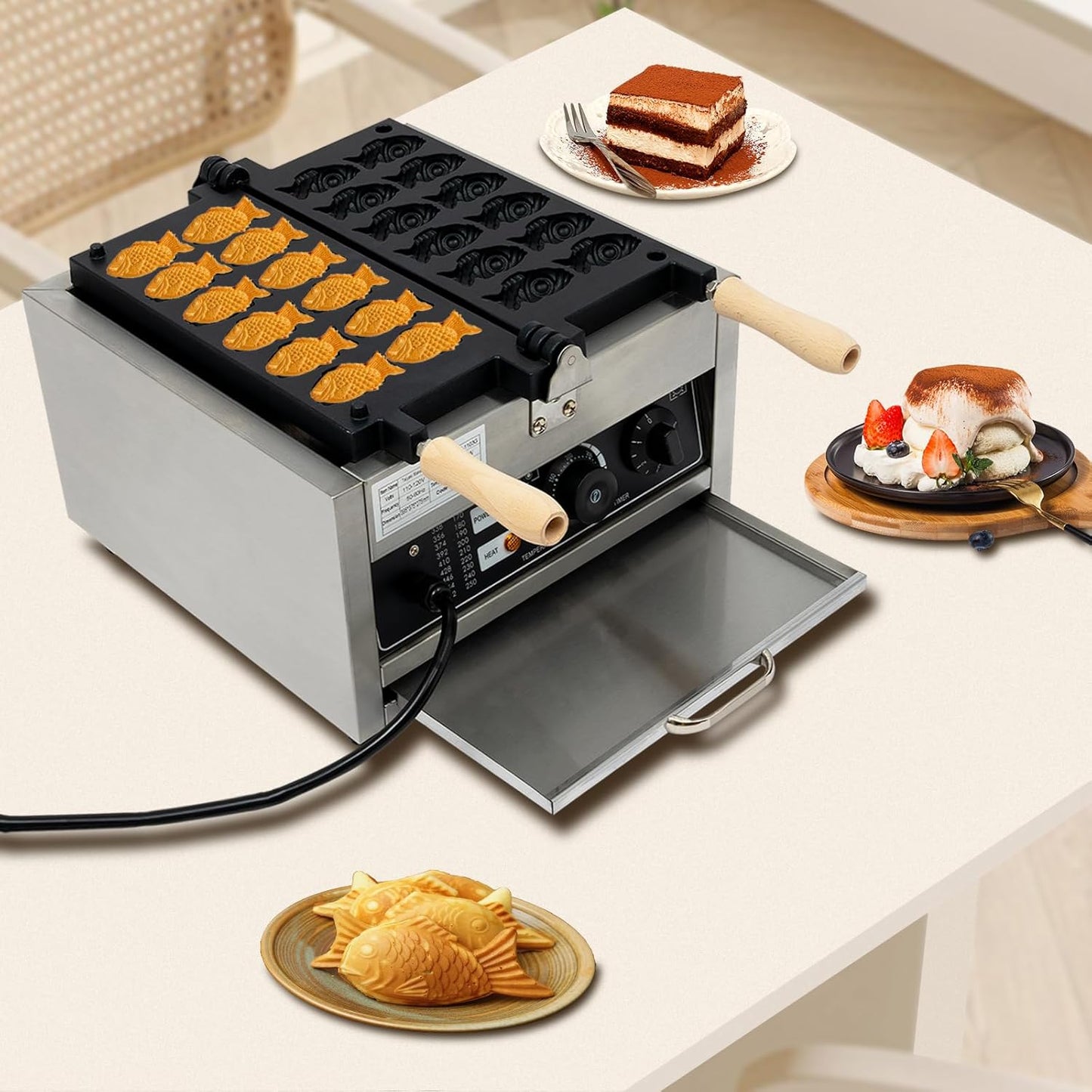 Taiyaki Fish Waffle Maker, 110V 1800W Electric Countertop Stainless Steel Muffin Maker High Efficiency, 122-572℉ Adjustable Temperature for Home Kitchen, Cafe Bar, Restaurant, Kiosk, Canteen