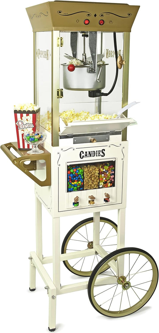 Nostalgia Vintage 8 Ounce Professional Popcorn Cart Makes Up to 32 Cups, Three Storage Candy & Kernel Dispenser Also for Nuts, Chocolate, Measuring Spoons and Scoop Included, Ivory