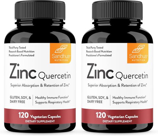 Sandhu's Zinc Quercetin 120 Vegetarian Capsules (Pack of 2) | Zinc Supplements for Antioxidant Immune Support for Men and Women | Gluten, Soy, Dairy Free