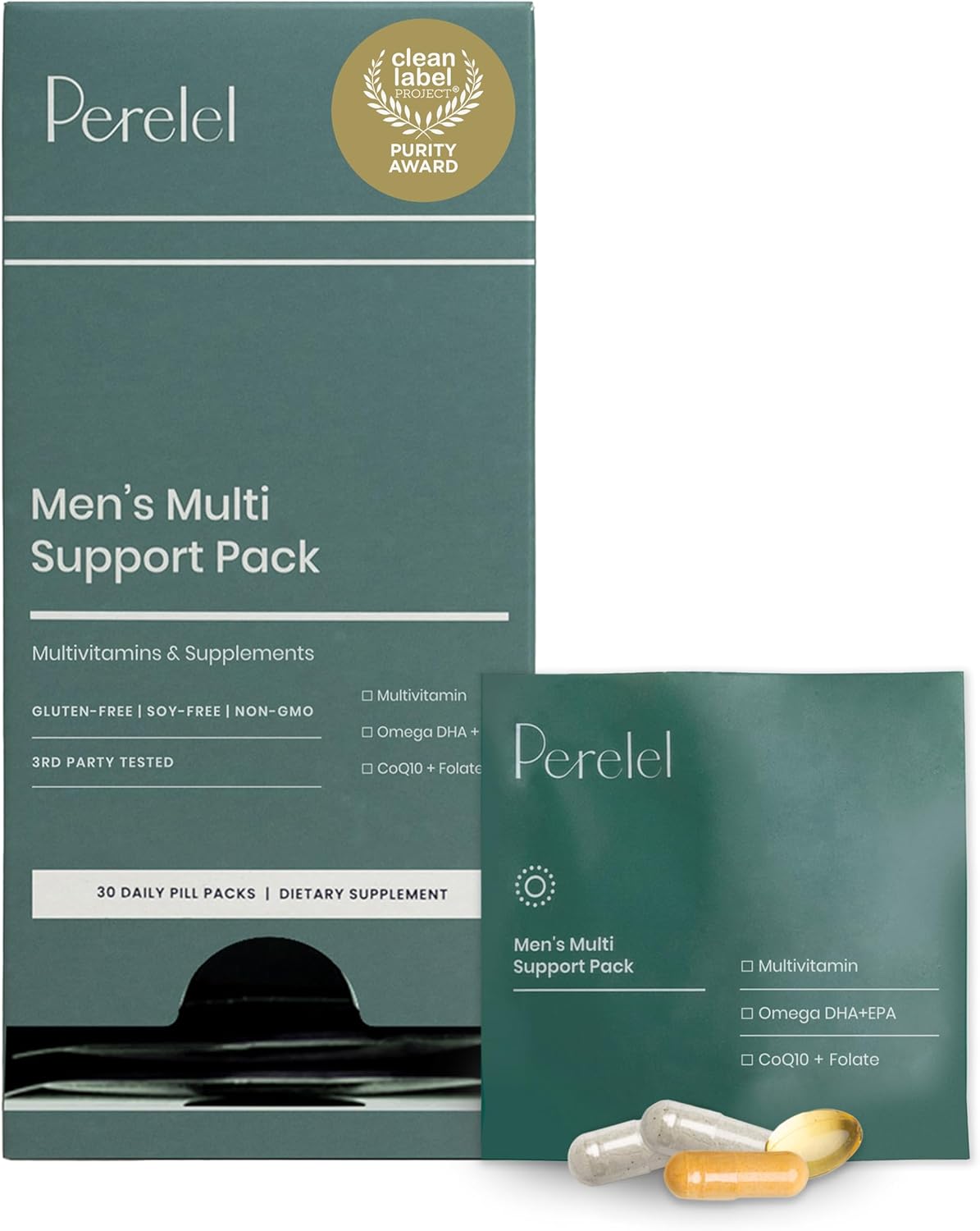 Perelel Men’s Multi Support Pack, Daily Multivitamin with Magnesium, Omega 3, CoQ10 & Folate, Nutritional Support for Men’s Wellness, Soy & Gluten Free, Non GMO, 30 Daily Pill Packs