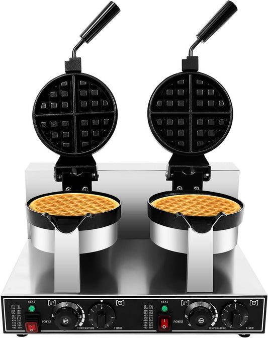 Commercial Waffle Maker, Belgian Waffle Maker, 110V 2600W Professional Dual Head Rotating Round Waffle Machine, Intelligent Timer, Non-stick Plates, Stainless Steel Material