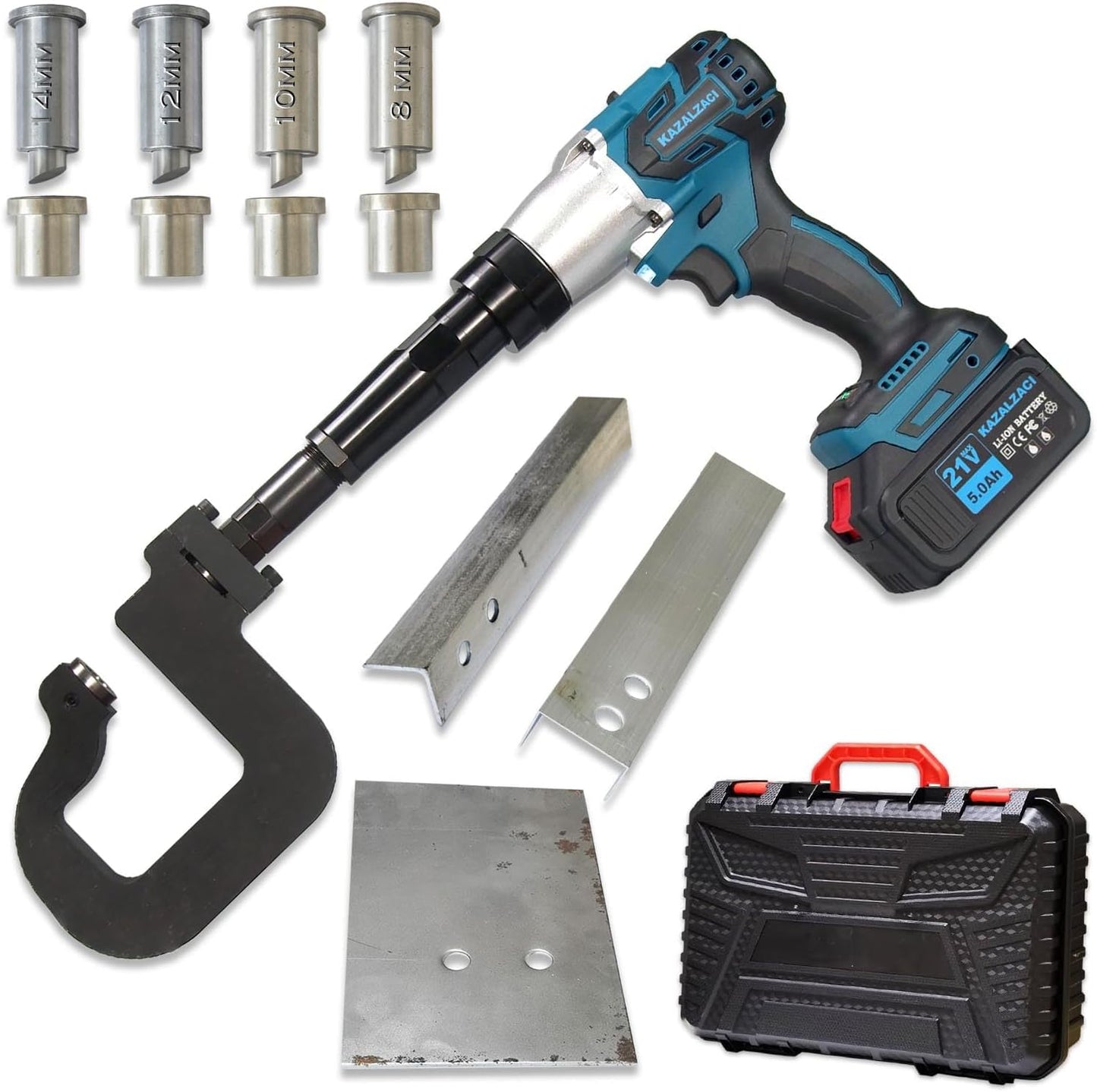 Cordless Metal Hole Puncher, Steel Punching Machine, Electric Handheld Punch Tool for 8-10-12-14MM Holes On Steel Iron Aluminum Plate, Angle & U-Channel Up to 3MM Thick, 3.2" Deep Throat, 5.0Ah Batt.