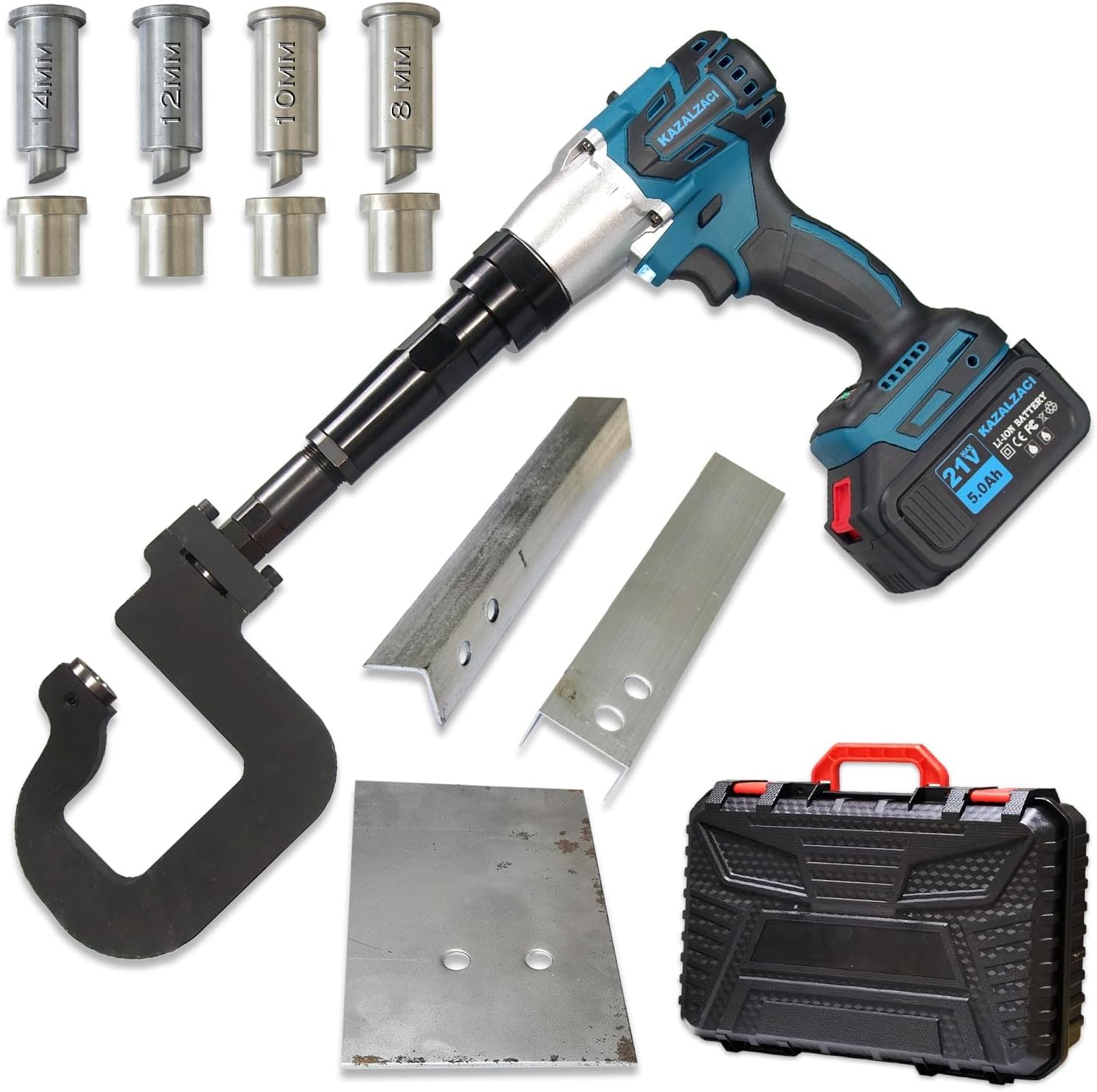 Cordless Metal Hole Puncher, Steel Punching Machine, Electric Handheld Punch Tool for 8-10-12-14MM Holes On Steel Iron Aluminum Plate, Angle & U-Channel Up to 3MM Thick, 3.2" Deep Throat, 5.0Ah Batt.