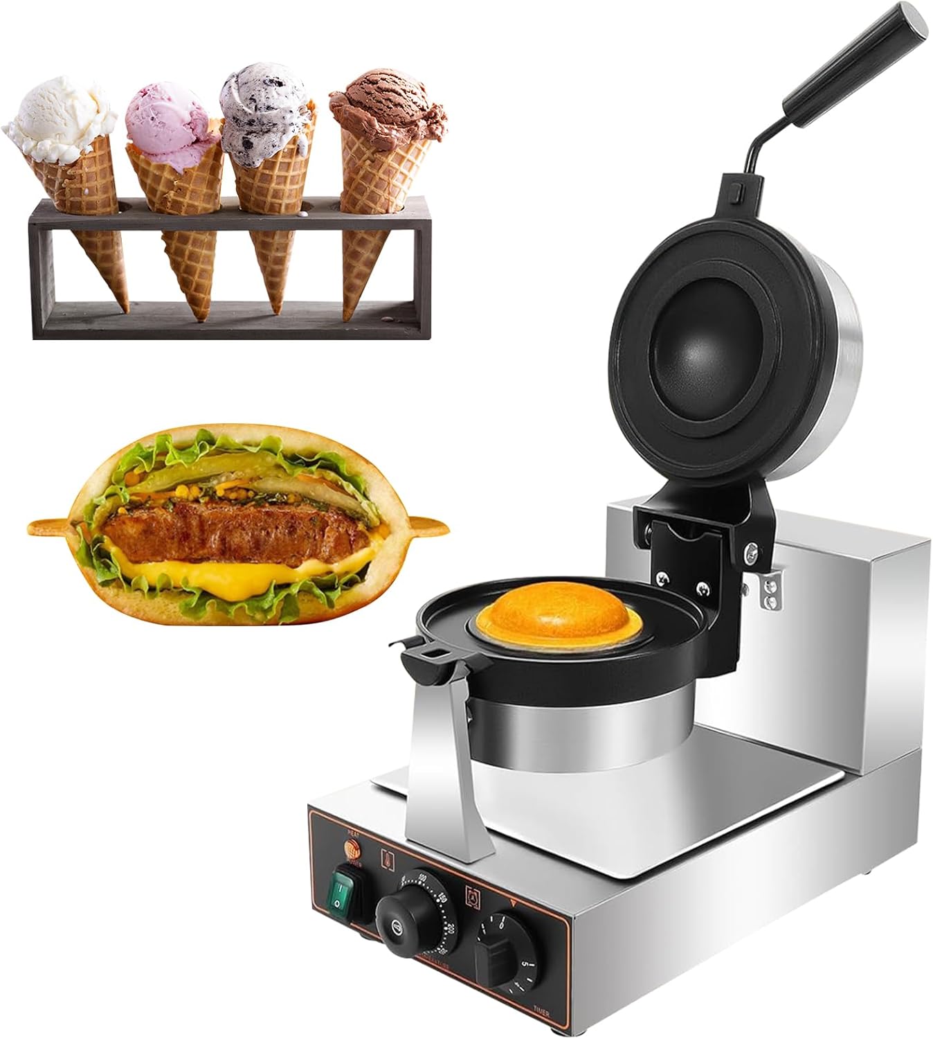 Ice Cream Sandwich Maker 1300w Ufo Burger Maker Machine Commercial Waffle Maker, Sandwich Press Non-stick for Party Food Stall,Restaurant, Large, Stainless Steel