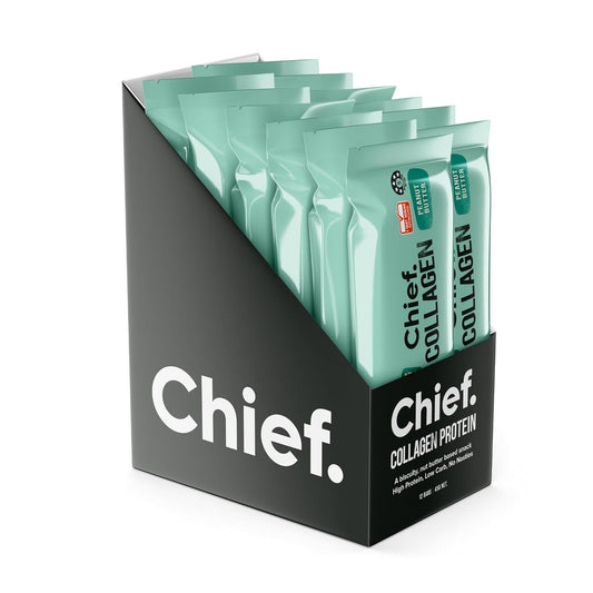 Chief Collagen Protein Bar, Peanut Butter, 100% Natural Ingredients, Keto & Paleo Friendly Snack, Gluten Free & Low Sugar, 12 Pack