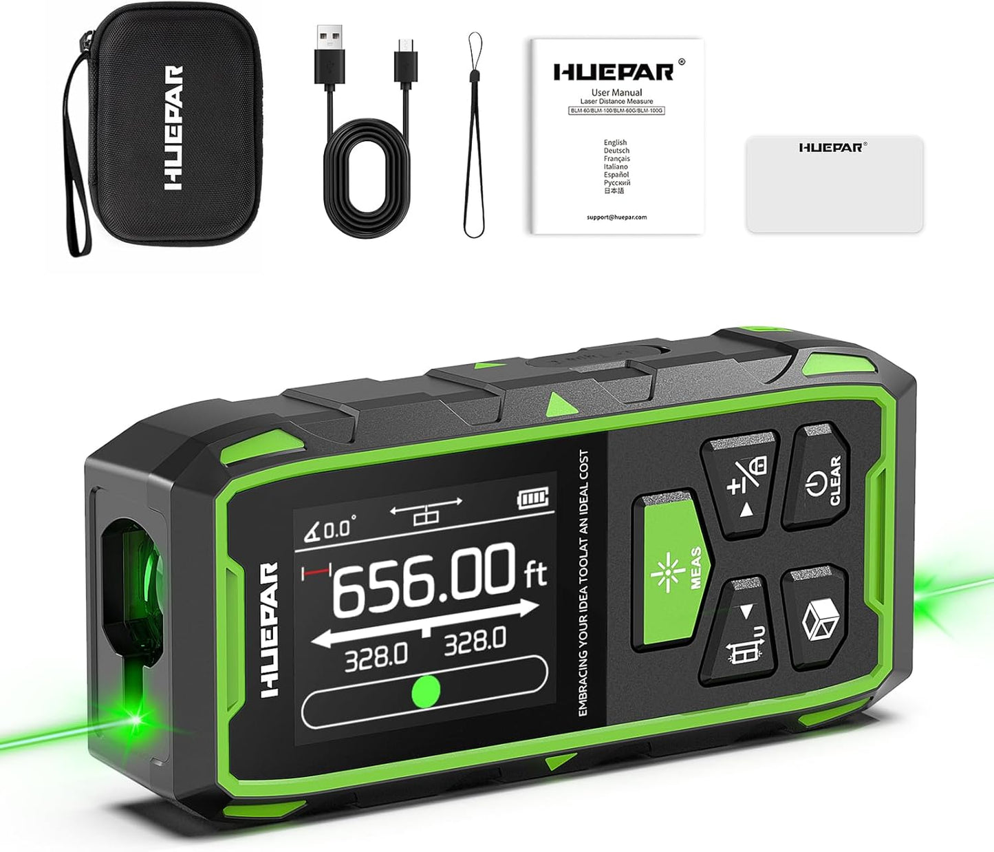 Huepar Dual Laser Measuring Tool, 656Ft Green-Beam Bilateral Digital Laser Distance Measure 6 Units Ft\/in\/M, Rechargeable Laser Measurement Tool -Backlit LCD Display, Length\/Area\/Volume\/Angle Sensor