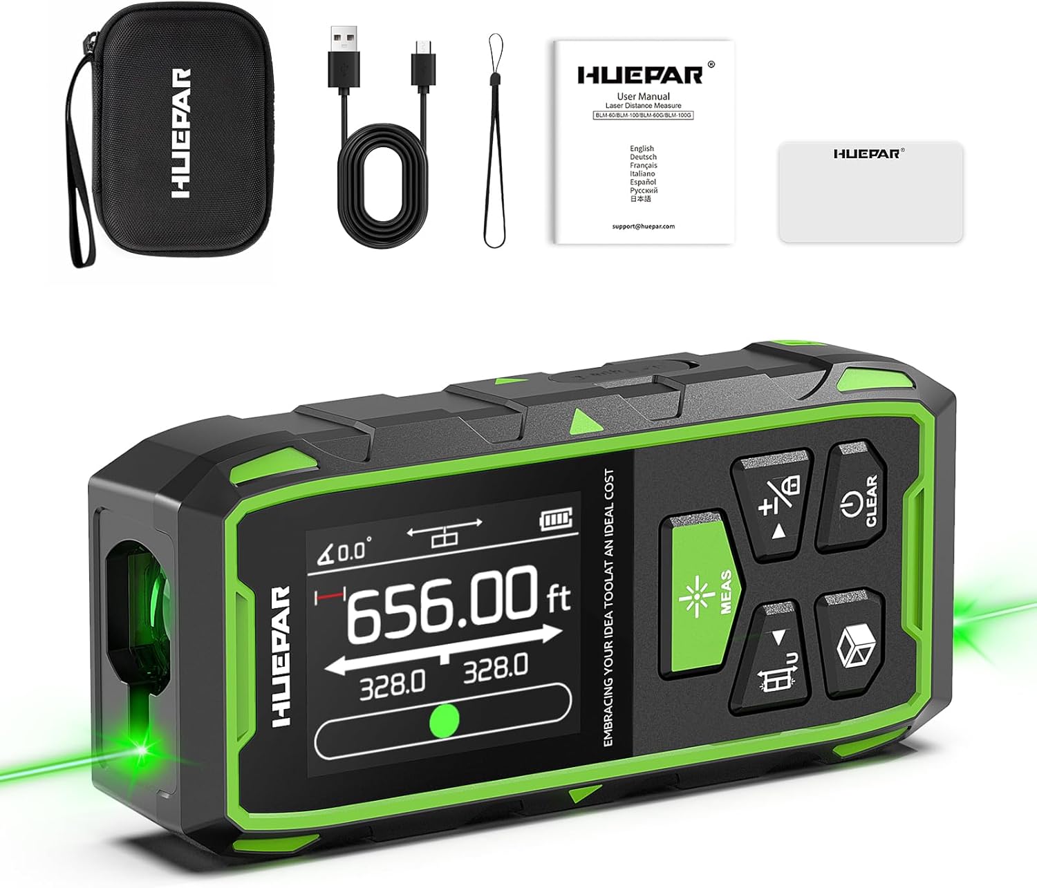 Huepar Dual Laser Measuring Tool, 656Ft Green-Beam Bilateral Digital Laser Distance Measure 6 Units Ft\/in\/M, Rechargeable Laser Measurement Tool -Backlit LCD Display, Length\/Area\/Volume\/Angle Sensor