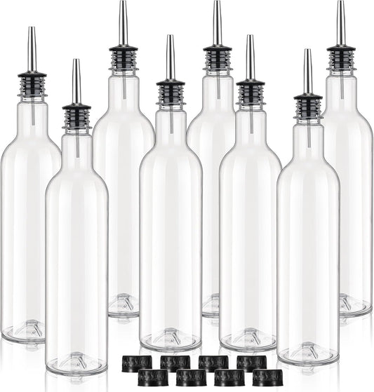 RimCereal 8 Pack 25 oz Plastic Long Neck Bottle with Stainless Steel Pourer and Cap Alcohol Juice Liquor Bottles Syrup Leakproof Tapered Spout Container for Home Bar Use Service Bartending Supplies