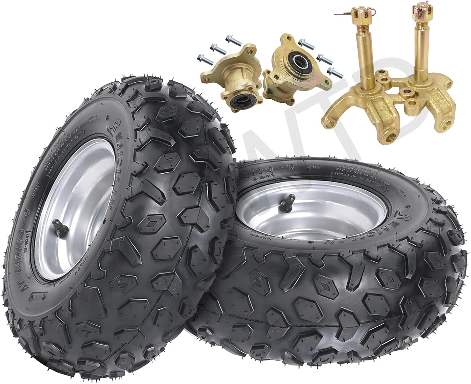 Front Wheel Tire Set 145/70-6 for ATV & Go Kart - 2 Pack Tubeless Tires with Pre-Installed Rims, Disc Brake Hubs & Steering Knuckles, Perfect for Quad Bikes and 4 Wheelers