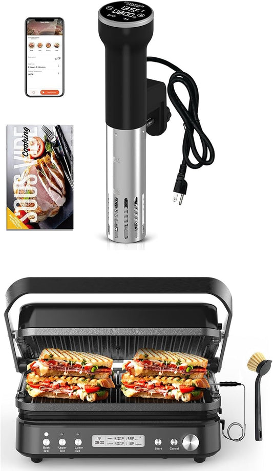 Sous Vide Machines Wi-Fi & 5 in 1 Smokeless Indoor Grill & Griddle with Meat Thermometer, PFAS Free Ceramic Nonstick