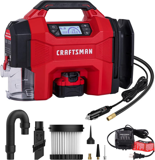 CRAFTSMAN 3-in-1 Tire Inflator Kit with Battery & Charger, 160 PSI Portable Air Compressor, Car Vacuum & Dust Blower with LED Light (Includes 4.0Ah Battery & 12V Charger)