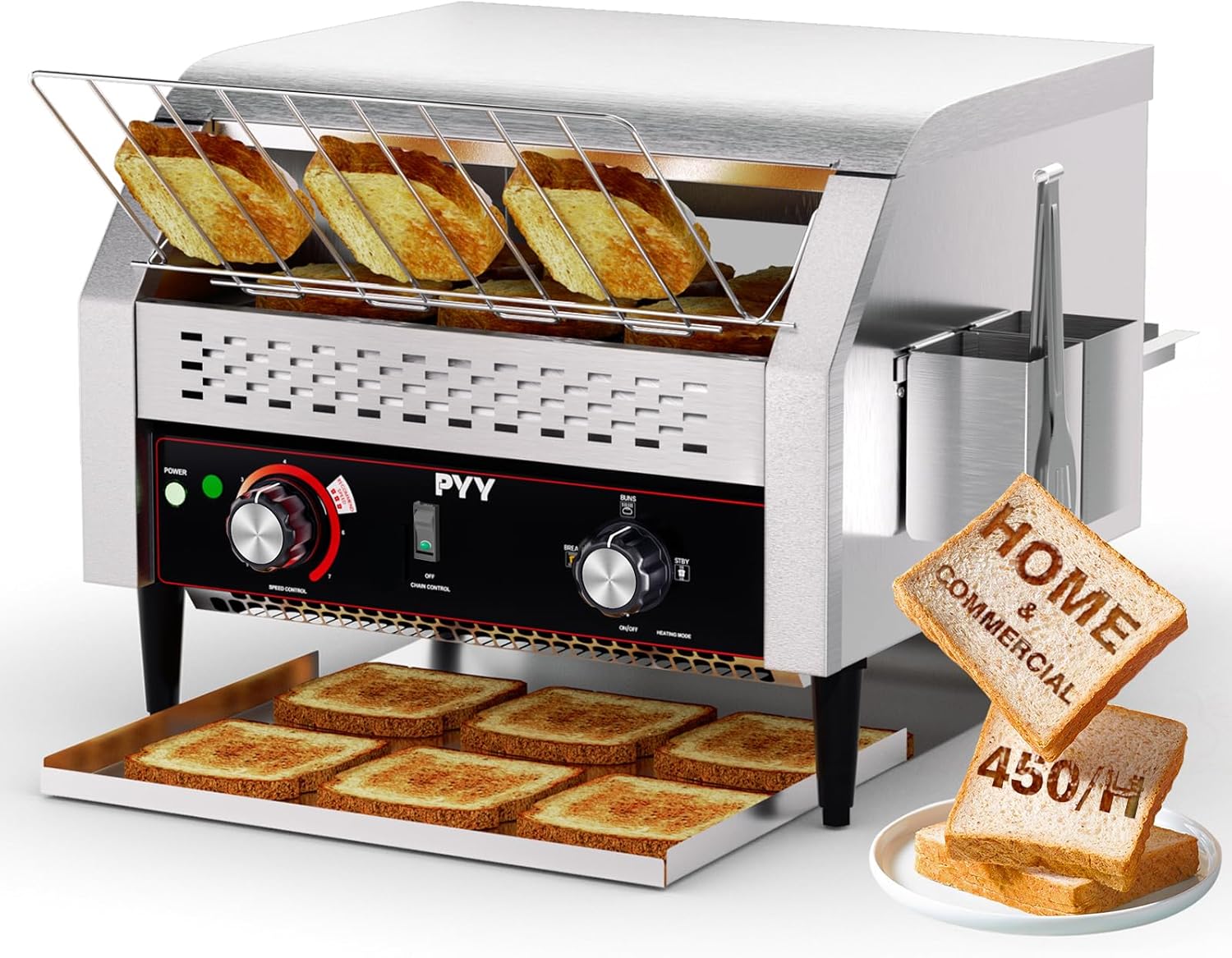 PYY Commercial Conveyor Toaster - Electric Industrial Belt Toasters Oven, 450 Slices/Hour Heavy Duty, Stainless Steel for Bun Bagel Bread Waffle Restaurant Buffet