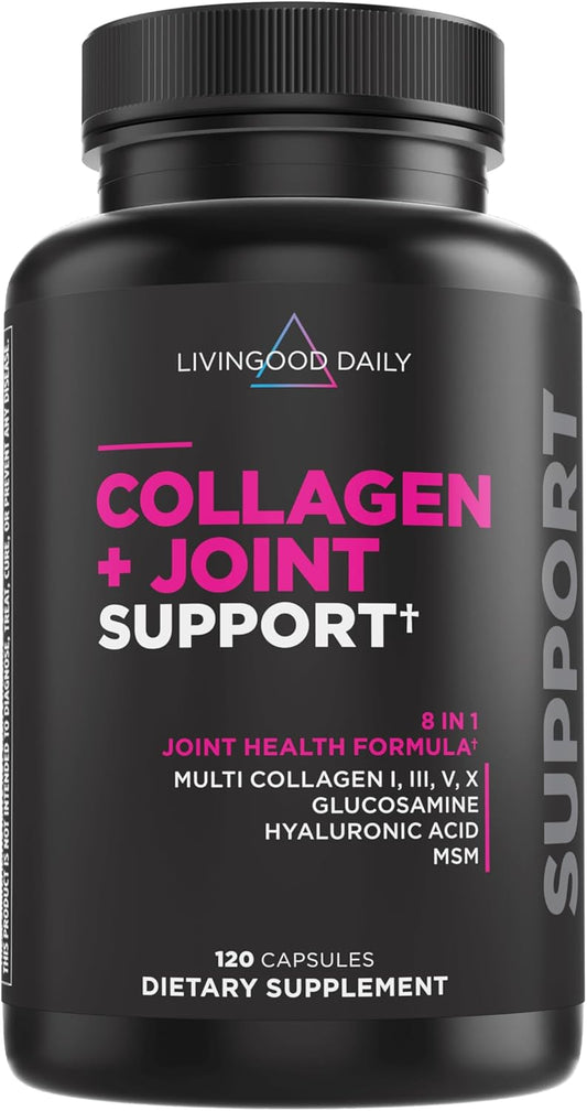 Livingood Daily Collagen + Joint Support, Grass Fed Multi Collagen Peptides I III V X with Hyaluronic Acid, Joint Support Supplement for Women & Men, Hair Skin Nails, Keto & Gluten Free, 120 Capsules