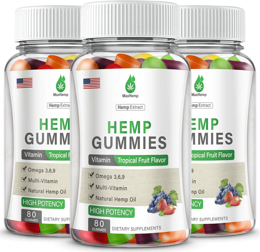 3 Pack Hemp Gummies Extra Strengthen for Pain Sleep, Organic High Potency Hemp Gummy Supplement with Hеmp Oil Extract, 240 Gummies