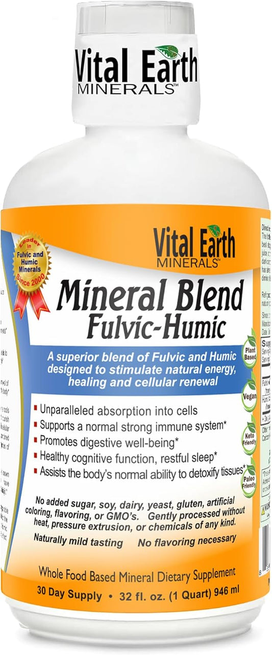 Vital Earth Minerals Fulvic Humic Mineral Blend Liquid \u2013 Fulvic Acid Supplement with 70+ Trace Minerals, Electrolytes for Recovery, Balance & Energy, 32 Oz + 1 Oz Cup