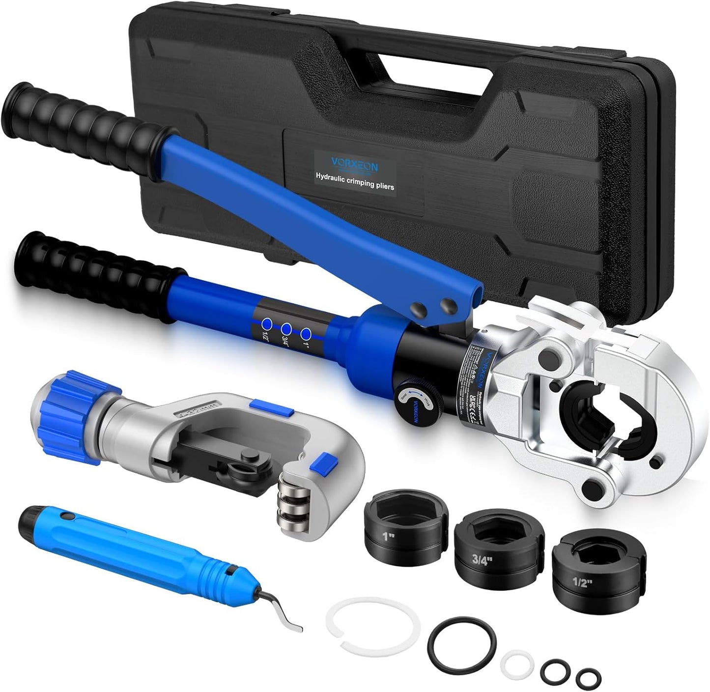 VORXEON Hydraulic Copper pipe crimper with pipe cutter, Propress tool Vus Dies 1\/2", 3\/4", 1" With 360° Rotating head For Copper tube, Carbon\/Stainless steel Pipes, With Durable Storage Case