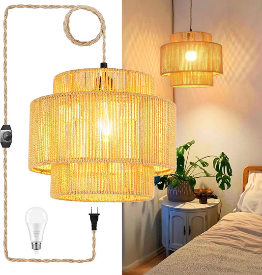 QIYIZM Plug in Pendant Light Hanging Lights with Plug in Cord Hanging Lamp Boho Rattan Dimmable Wicker Bamboo Woven Shade Hemp Rope Ceiling Light Fixture for Living Room Bedroom Kitchen