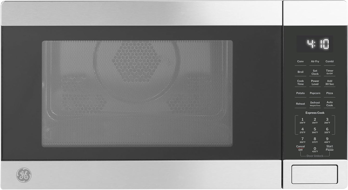 GE GCST10A1WSS 4-in-1 Microwave Oven, 1,050 Watts Air Fryer, Broiler & Convection Mode, Child-Lock Technology, Kitchen Essentials for The Countertop or Dorm Room, 1.0 Cu. Ft, Stainless Steel