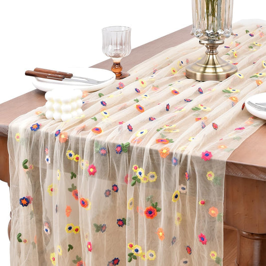 Joanlody 3pcs Champagne Embroidery Daisy Fall Table Runner 10ft Florals Seasonal Tulle Table Runner Holiday Kitchen Dining Table Decoration for Home Party Indoor
