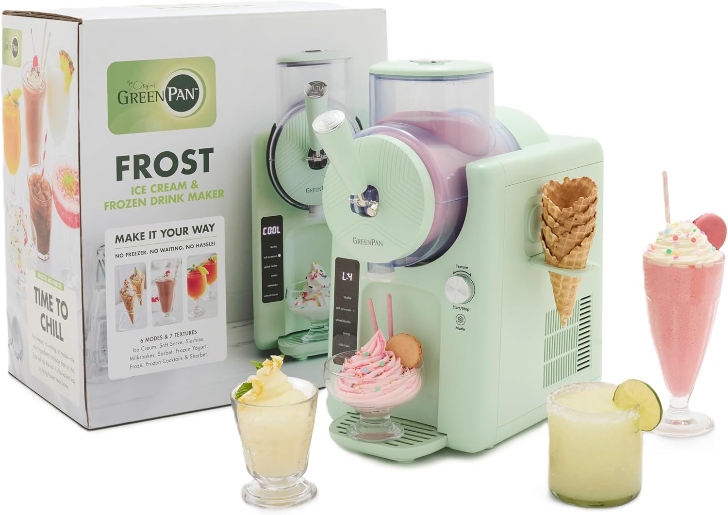 GreenPan Frost Ice Cream Machine & Frozen Drink Maker, Soft Serve, Slushie, Sorbet, Milkshakes & Cocktails, No Freezer Needed, 7 Textures, Quiet & Rapid, Easy Clean, Family Size, Pistachio Sage