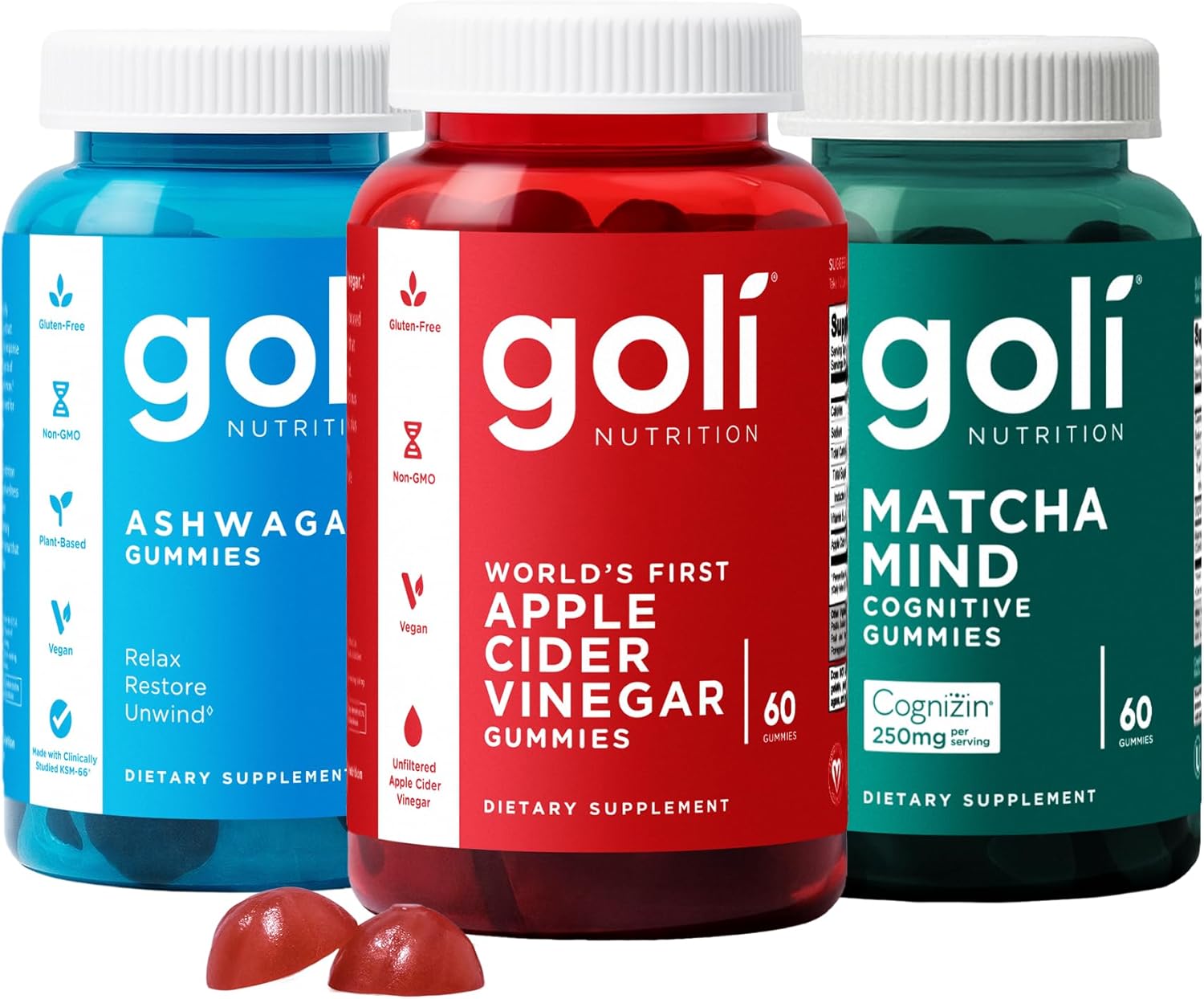 3 Bottles of Goli Favorites Bundle: Ashwagandha KSM-66, Apple Cider Vinegar, Matcha Mind Supplements with Cognizin, Vitamins D2 and B12