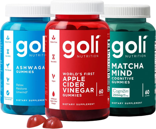 3 Bottles of Goli Favorites Bundle: Ashwagandha KSM-66, Apple Cider Vinegar, Matcha Mind Supplements with Cognizin, Vitamins D2 and B12