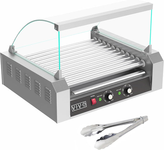VIVO Electric 30 Hot Dog 11 Roller Grill Warmer, Stainless Steel, Commercial and Household 1400W Machine with Cover, HOTDG-V211