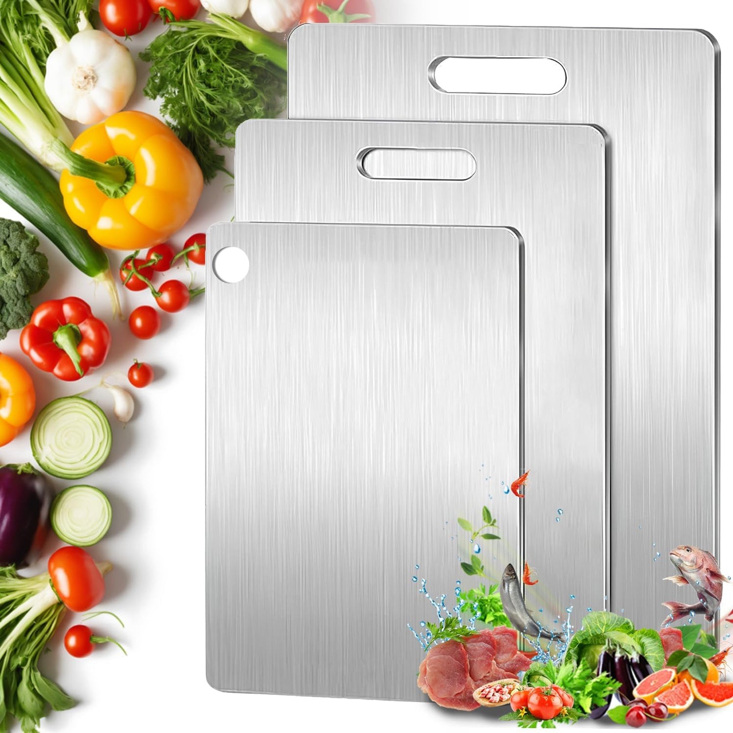 Titanium Cutting Board Set of 3, 100% Pure Titanium Cutting Boards for Kitchen, Double-Sided, Dishwasher Safe, Food-Grade, Chopping Board for Cutting Meats, Fruits & Vegetables