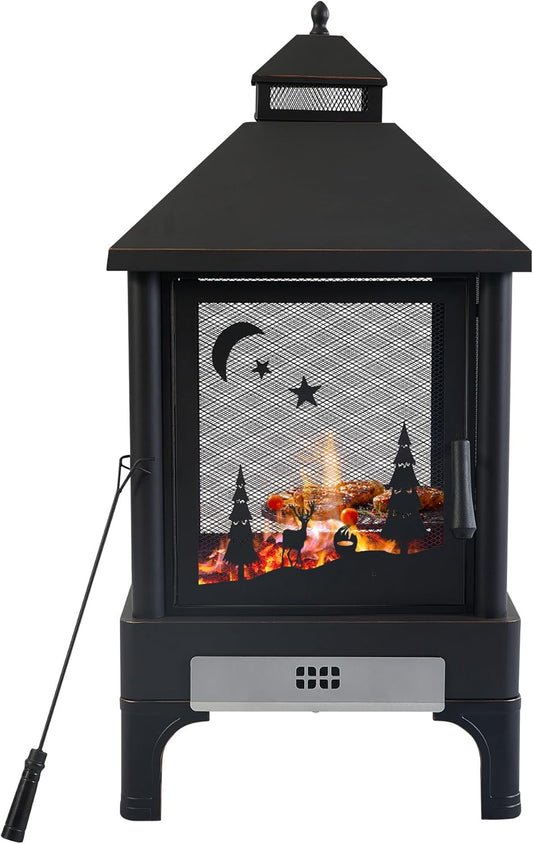 Dithoko Fire Pit, 2 in 1 Wood Burning Fire Pit with Mesh Spark Screen Doors, BBQ Grill and Fire Poker, 24.41 Inch Outdoor Metal Chiminea Fireplace for Patio Backyard Garden Picnic Bonfire Camping