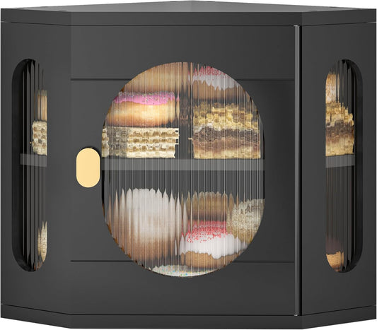 TQQDCI Corner Bread Box for Kitchen Countertop, Large Wooden Bread Box, Double Layer Bread Storage Bin, Bamboo Breadbox for Homemade Bread, Farmhouse Kitchen Organizer with Acrylic Window, Black