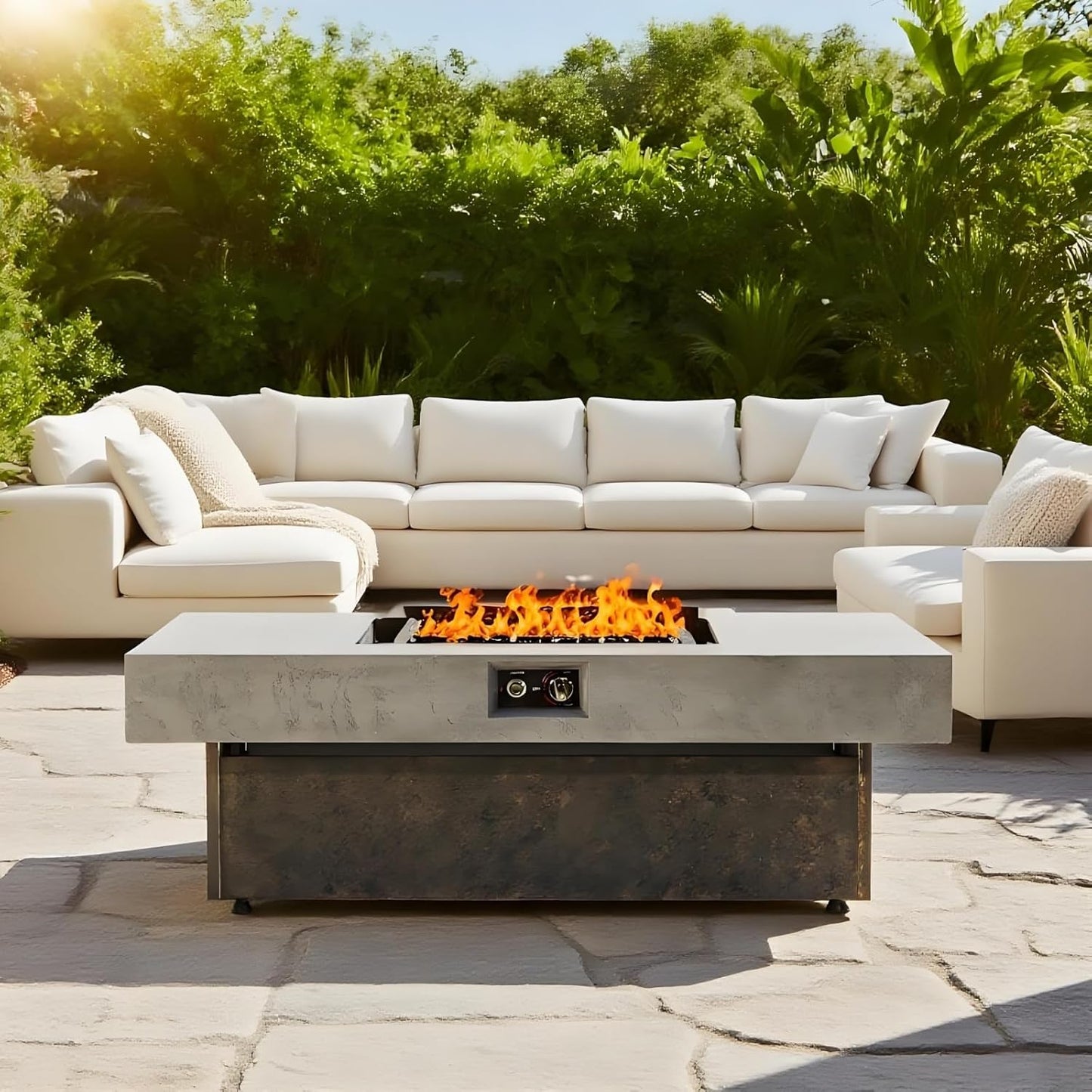 Tabletop Propane Fire Pits, Brown+Gray Rectangle Outdoor Firepit Table with 3 Height Options, 50000 BTU, Electronic Ignition, Decorative Glass & Lid, 55" W×22.83" D×17.72" H for Patio