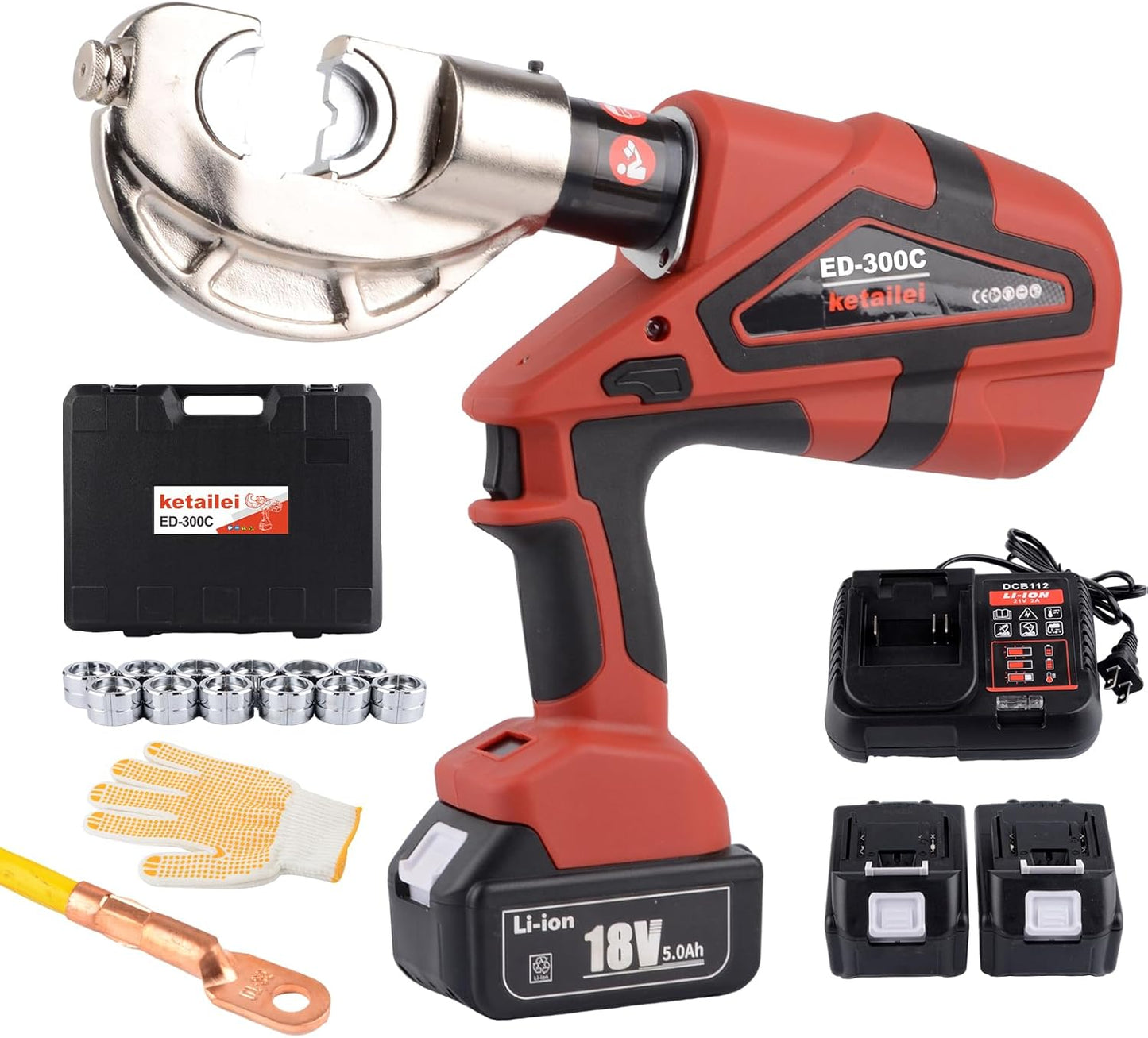 ketailei Electric Hydraulic Cable Crimper - 6 Ton Rechargeable Kit with 12 Dies, 8 AWG-600 MCM for Electrical Terminals & Fiber Optic Cables(ED-300C)