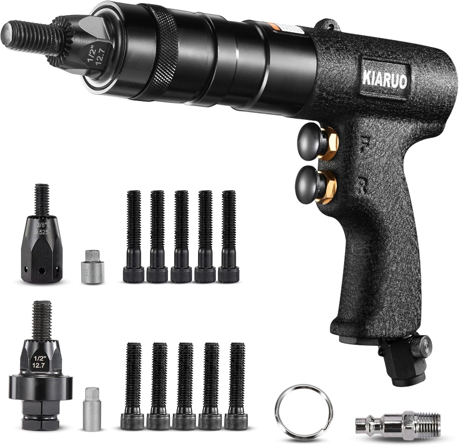 KIARUO Pneumatic Rivet Nut Gun with 3\/8 & 1\/2 Self-locking Head, Industrial Grade 250RPM Adjustable Speed Pull Rivnut Gun tool set,Model:LM06