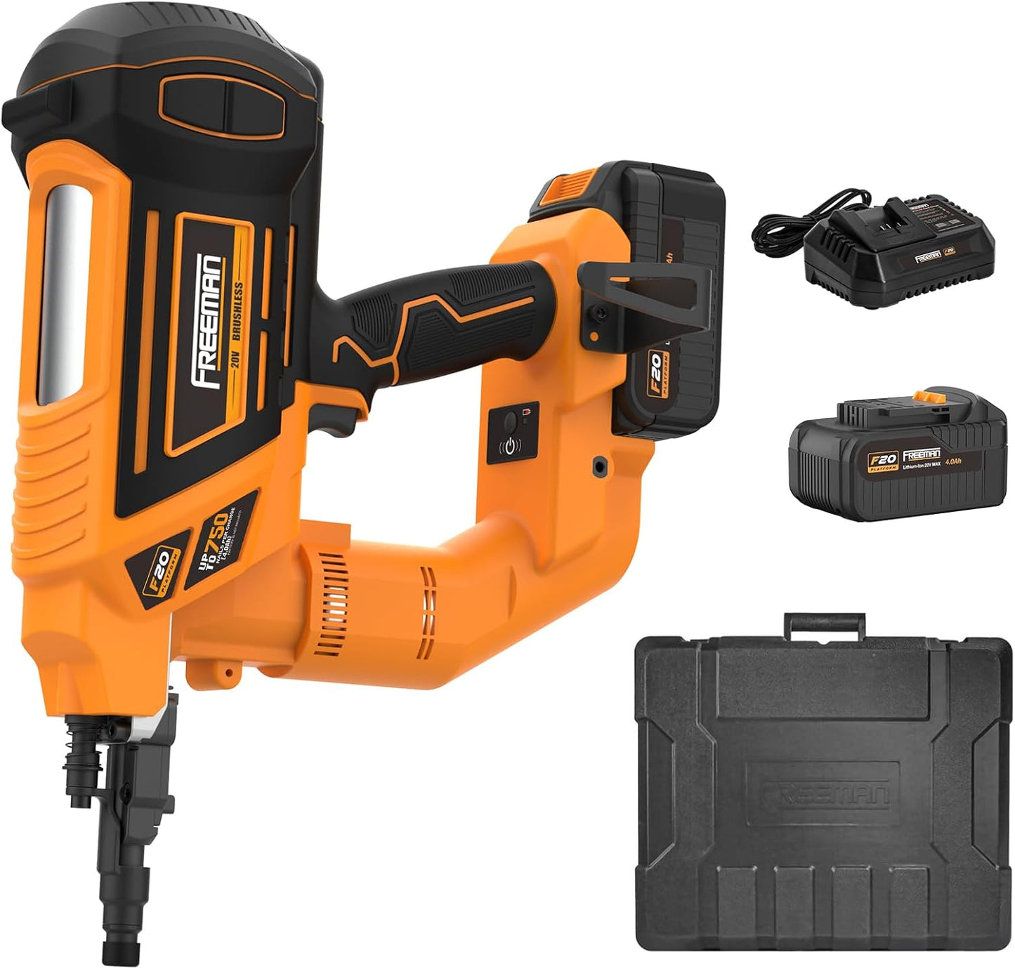 Freeman 20V Cordless 3" Single-Pin Concrete Nailer Kit | 4.0 Ah Li-Ion Battery, Fast Charger & Hard Case | 750 Shots\/Charge Heavy-Duty Concrete Nail Gun for Wood-to-Concrete Tasks | PE20VCNPN