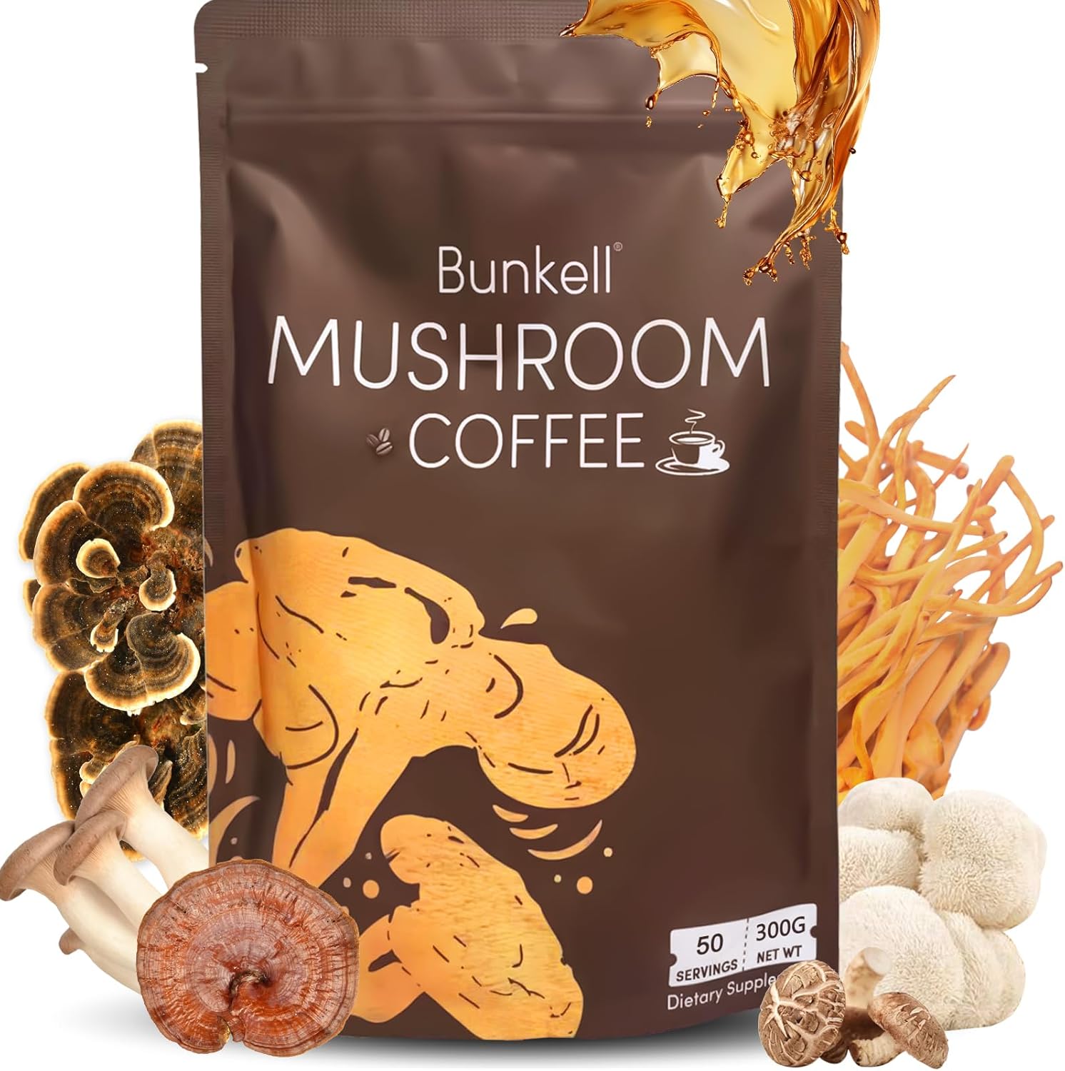 Bunkell Mushroom Coffee, Adaptogenic 6 Mushrooms with Lion's Mane, Reishi, Cordyceps, Shiitake, King Trumpet & Turkey Tail, Instant Coffee Powder for Energy, Digestion & Immune Support, 50 Servings