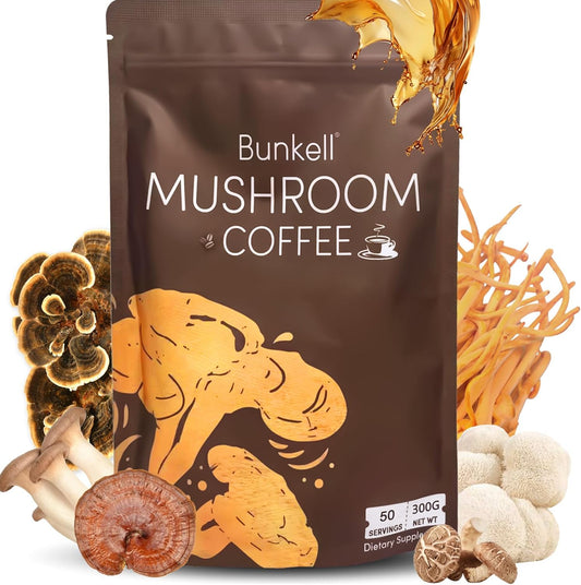 Bunkell Mushroom Coffee, Adaptogenic 6 Mushrooms with Lion's Mane, Reishi, Cordyceps, Shiitake, King Trumpet & Turkey Tail, Instant Coffee Powder for Energy, Digestion & Immune Support, 50 Servings