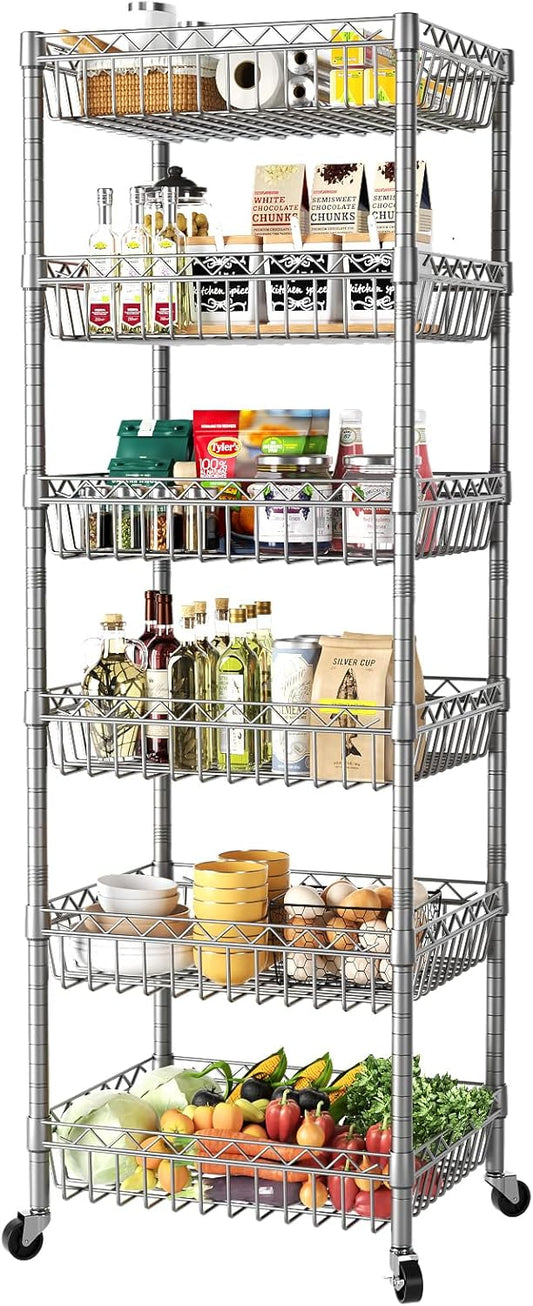 SINGAYE 6 Tier Shelf Adjustable Storage Shelves Rack Standing Units with Wheels Closet Wire Shelving Organizers Metal Pantry Kitchen Laundry Room 13.5" D x 13.5" W x 63" H Silver