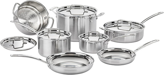 Cuisinart 12-Piece Cookware Set, MultiClad Pro Triple Ply Stainless Steel Cookware Set, Heat Surround Technology, Cool Grip Stick Handles, Oven Safe Up to 500°F, MCP-12N, Silver
