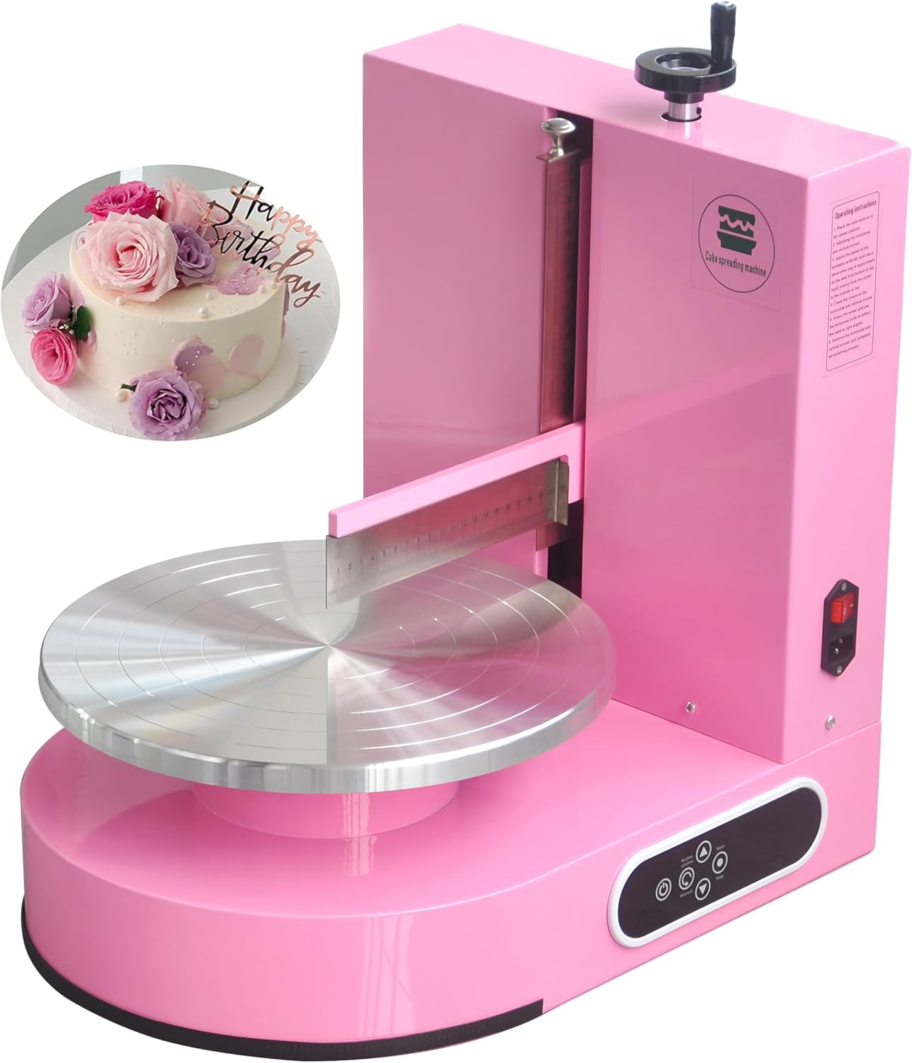 Semi Automatic Birthday Cake Smoothing Coating Machine, AC110V 4-14in Cake Cream Spreading Machine, Cakes Decorating Cream Coating Machine Turntable with Graduated Scraper, Baking Supplies (Pink)