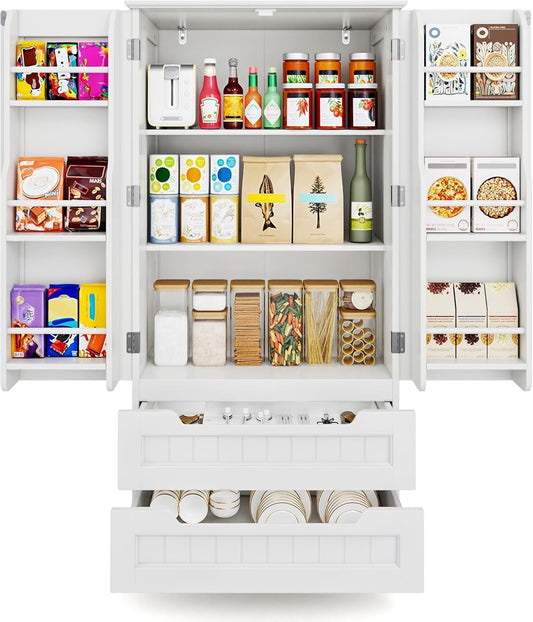 Gizoon Kitchen Pantry Storage Cabinet with Drawers Freestanding Bathroom Storage Cabinets with Doors and Shelves, 47" Small Food Pantry Cabinet for Dining Room Craft Room, White