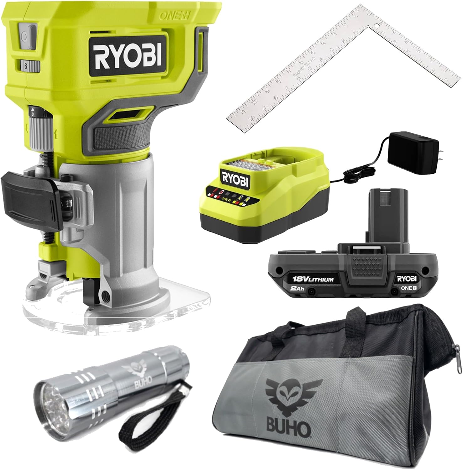 Ryobi 18V Cordless Compact Router Kit Bundle with 2.0 Ah Battery, Charger, Steel Carpenter Square, Buho Tool Bag and Flashlight