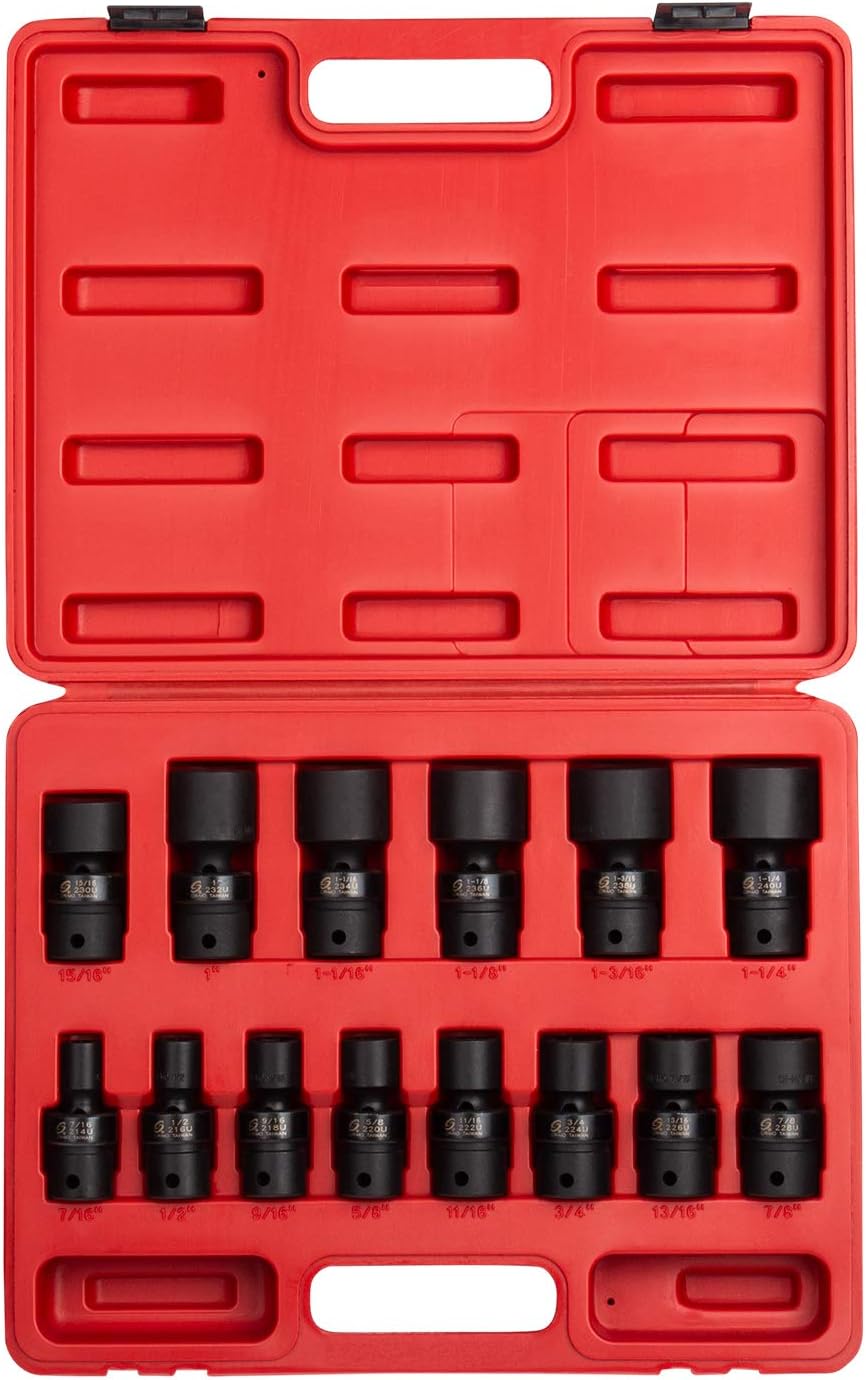SUNEX TOOLS 2644, 1\/2 Inch Drive Universal Impact Socket Set, 14-Piece, SAE, 7\/16" - 1-1\/4", Cr-Mo Alloy Steel, Radius Corner Design, Heavy Duty Storage Case